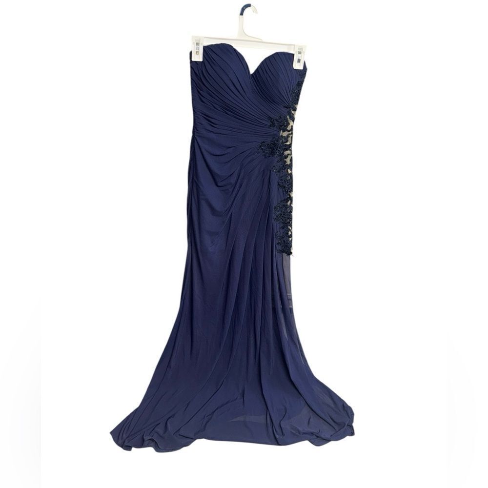 FORMAL SHERRI HILL navy blue high slit lace side sweet heart neckline gown sz 2